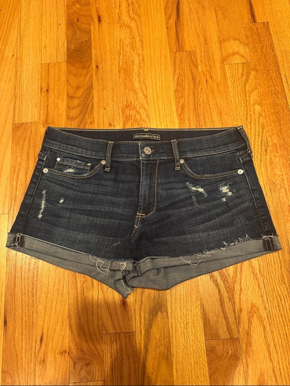 Abercrombie & Fitch Dark Indigo Distressed Denim Shorts